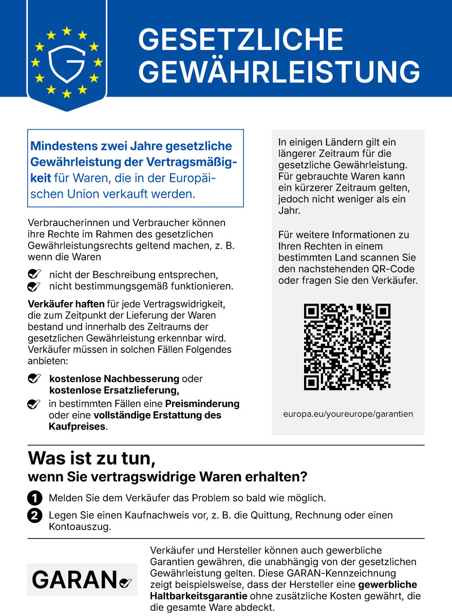 EU-Mitteilung zum gesetzlichen Gewährleistungsrecht: Sie haben mindestens zwei Jahre Gewährleistung, wenn die Ware mangelhaft ist.